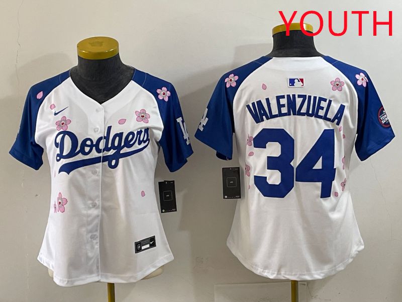Youth Los Angeles Dodgers #34 Valenzuela White Blue Sakura Edition 2025 Nike MLB Jersey style 31